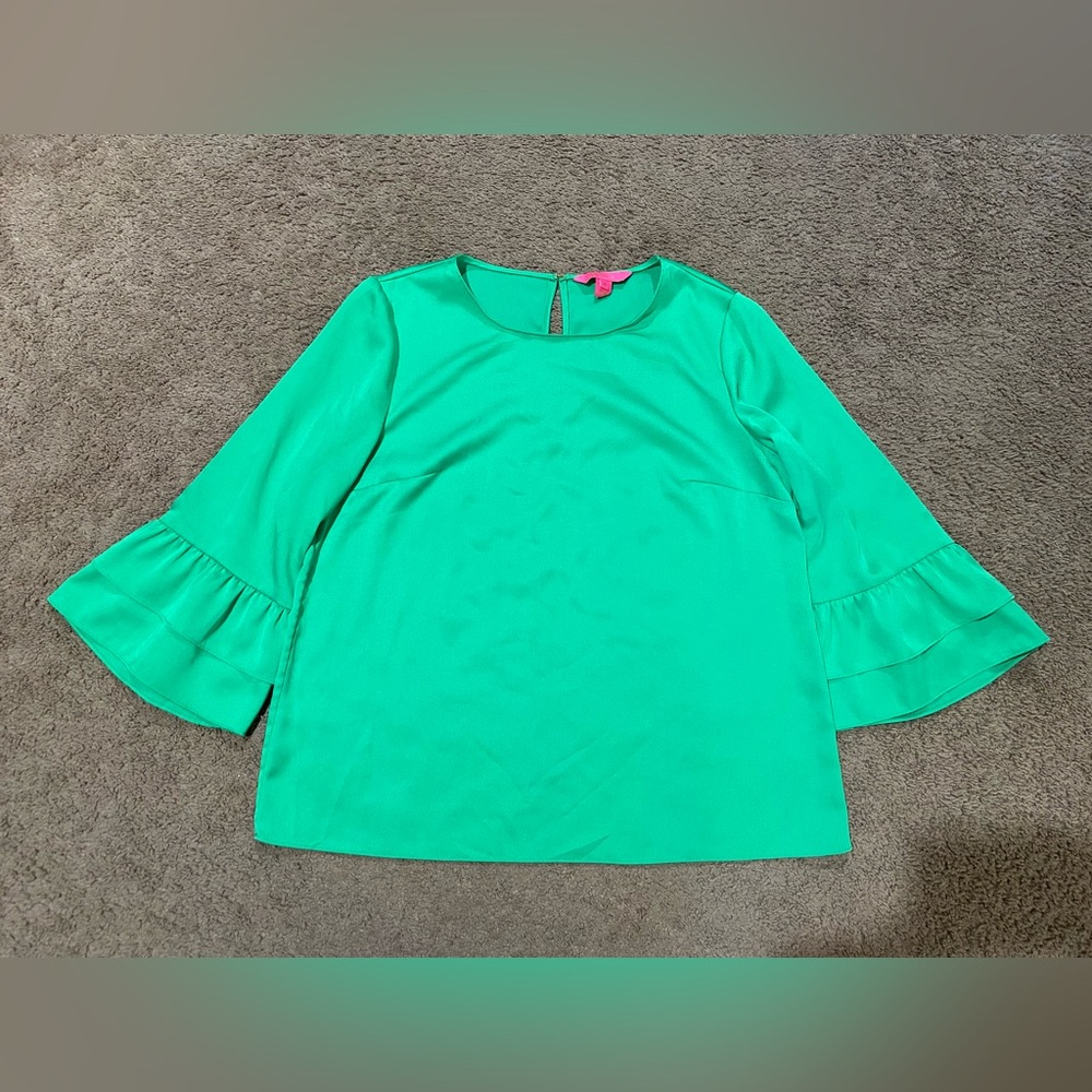 Lilly Pulitzer Christie Top Juniper Green Womens Size Medium Ruffle Sleeve Satin